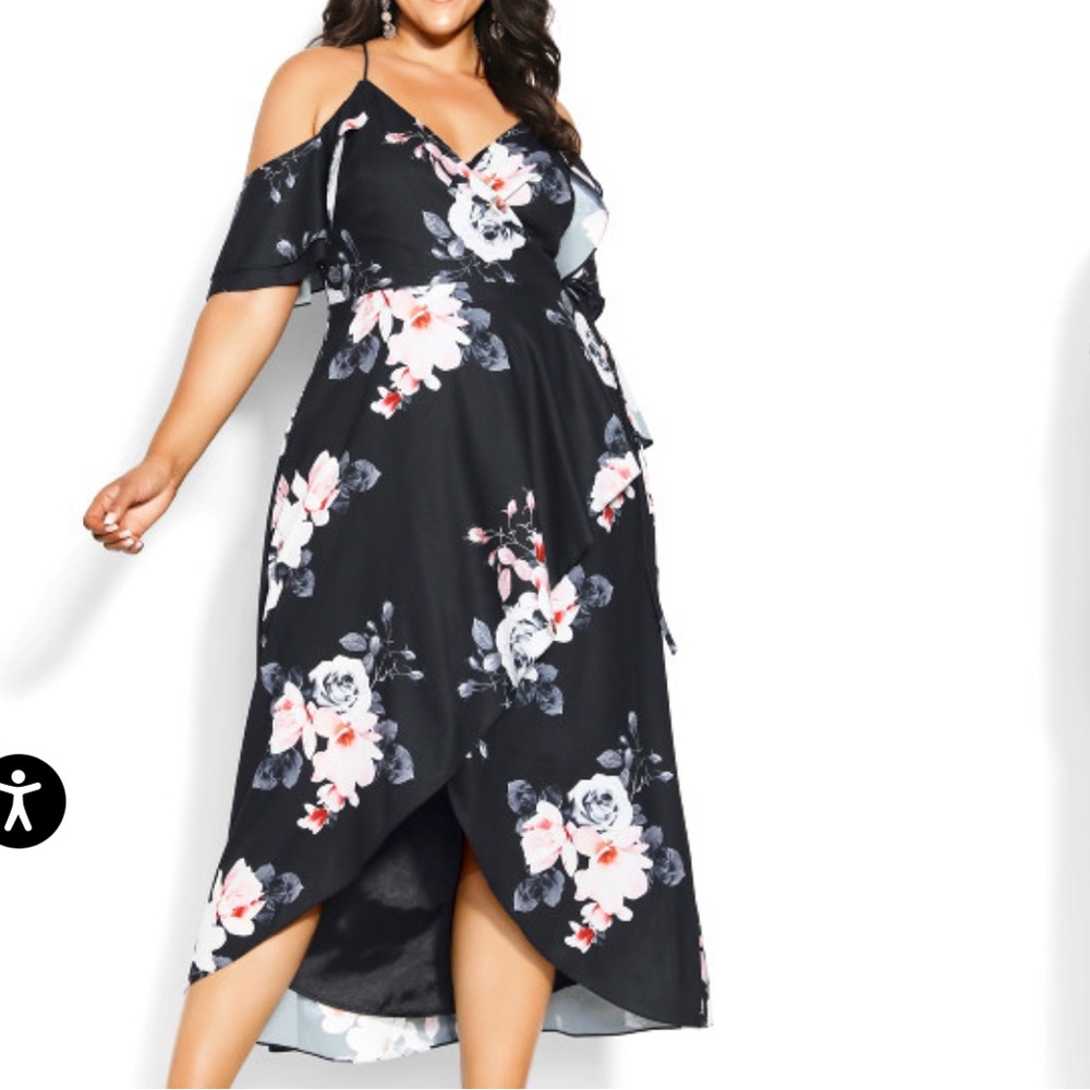 NWT City Chic Floral Faux Wrap Flutter Sleeve Black Lotus Dress